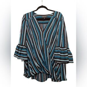 INC Blue Black Striped Hi Low Blouse with Fluttered Sleeves Size XXL